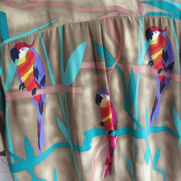 100% Silk Shirt Top Blouse M Vintage 80s Tropical Bird Parrots Ann May Wrap - Picture 11 of 11
